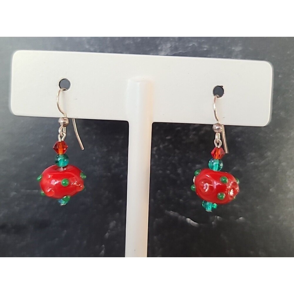 925 Sterling Silver Red & Green Glass Pierced Dangling Beaded Earrings Vintage